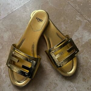Fendi Metallic Gold Slide Sandals